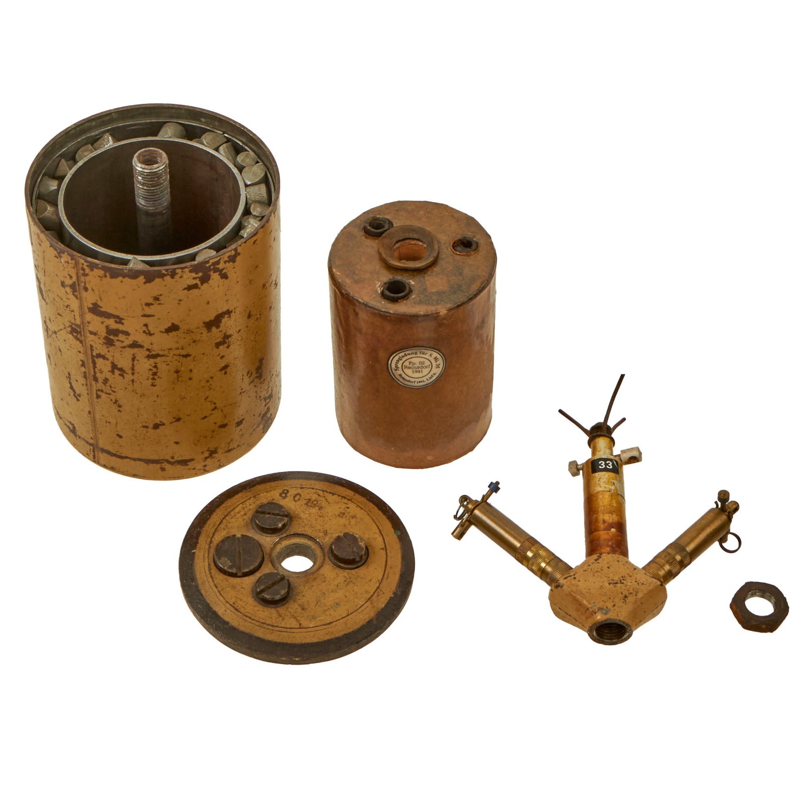Buy Original WWII German Bouncing Betty S-Mine with Rare Triple Fuse Elbow by Richard Rinker - Dated 1943 & 1942 | Original Firearms Antique For Sale