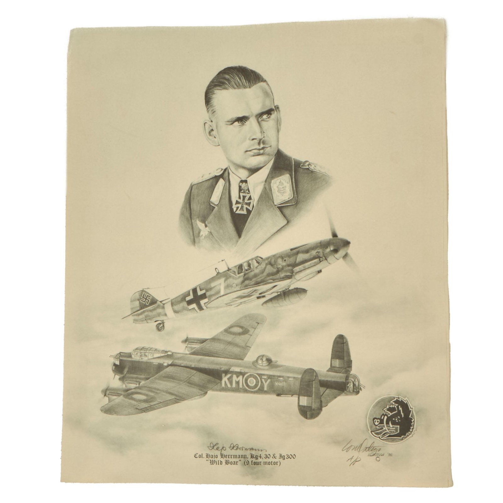 Buy Original U.S. WWII Hajo Herrmann Ace Print Signed by Author & Pilot - 16 x 19 1/4” - A/P (Artist’s Proof) | Original Firearms Antique For Sale