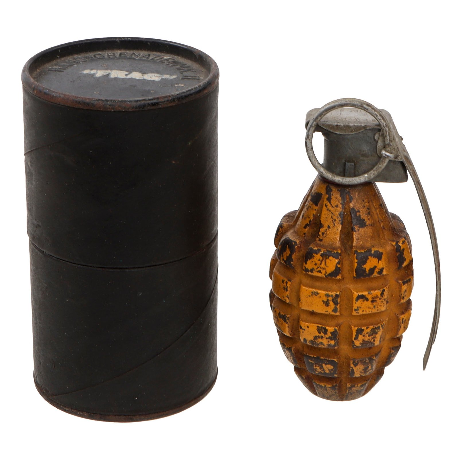 Original U.S. WWII Inert MkII Yellow Early War High Explosive Pineapple Grenade with M10A2 Fuze in Husk