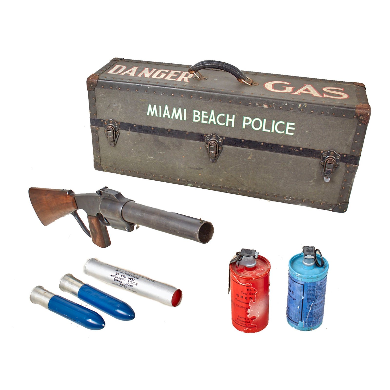 Original U.S. Miami Beach Police Marked Gas Gun Case with 37mm 1.5 Caliber L-5 Federal Riot Gun, Inert Rounds, and Inert Grenades - “FRG”