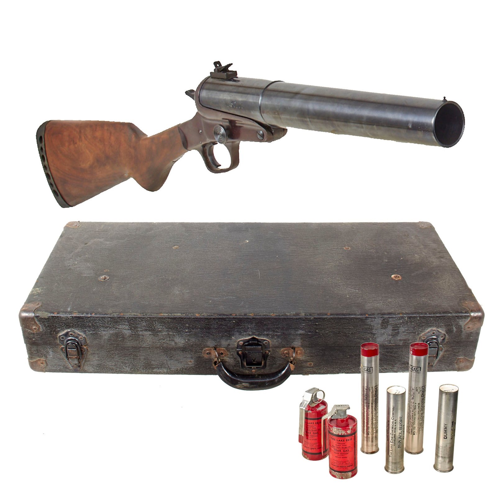 Original U.S. WWII Era TRU-FLITE 37mm Super Long Range Police Gas and Flare Gun Serial 5261 in Carry Case with Inert Rounds and Grenades