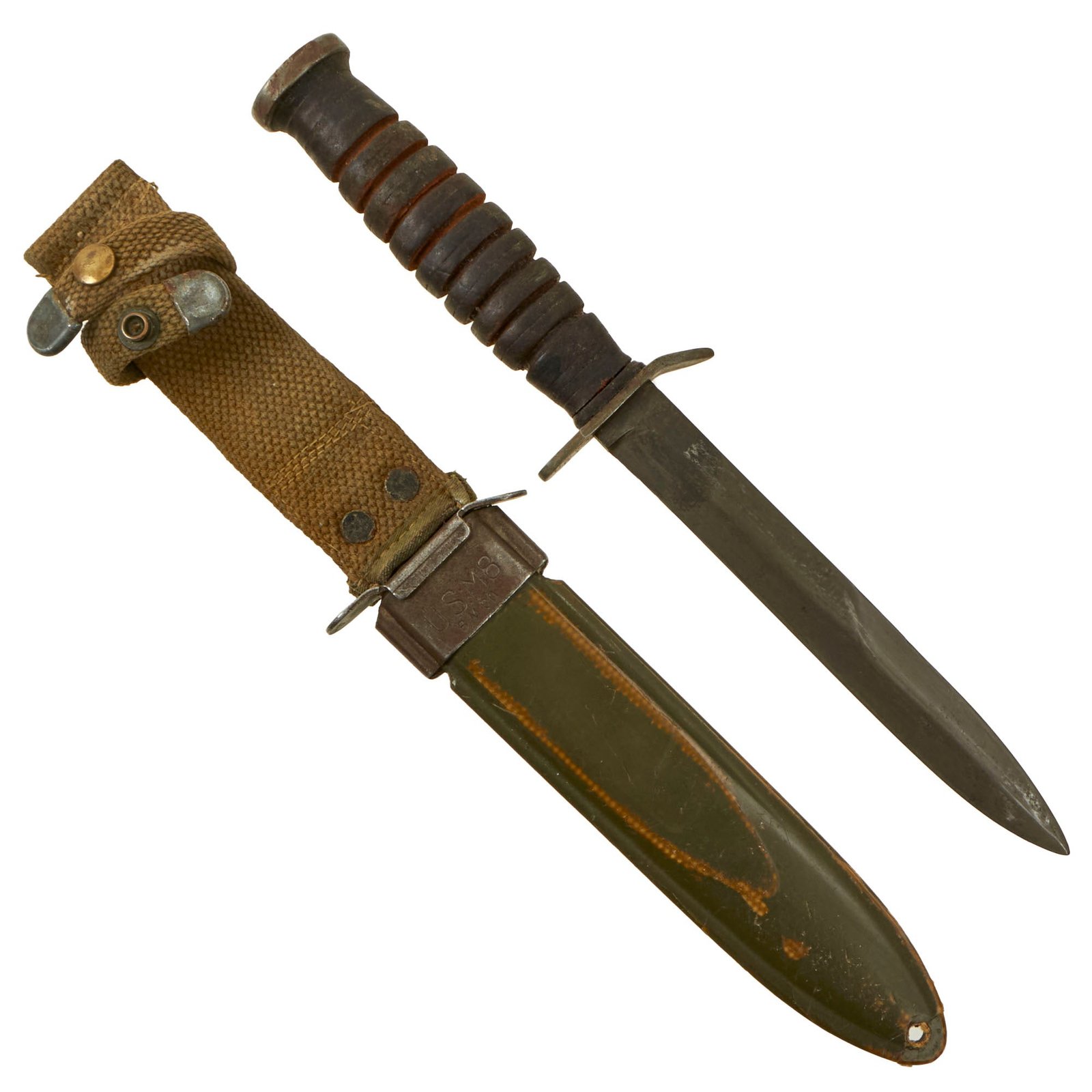 Buy Original U.S. WWII M3 Fighting Knife by Kinfolks, Inc. with M8 Scabbard by B.M. Co. - Scarce Maker | Original Firearms Antique For Sale