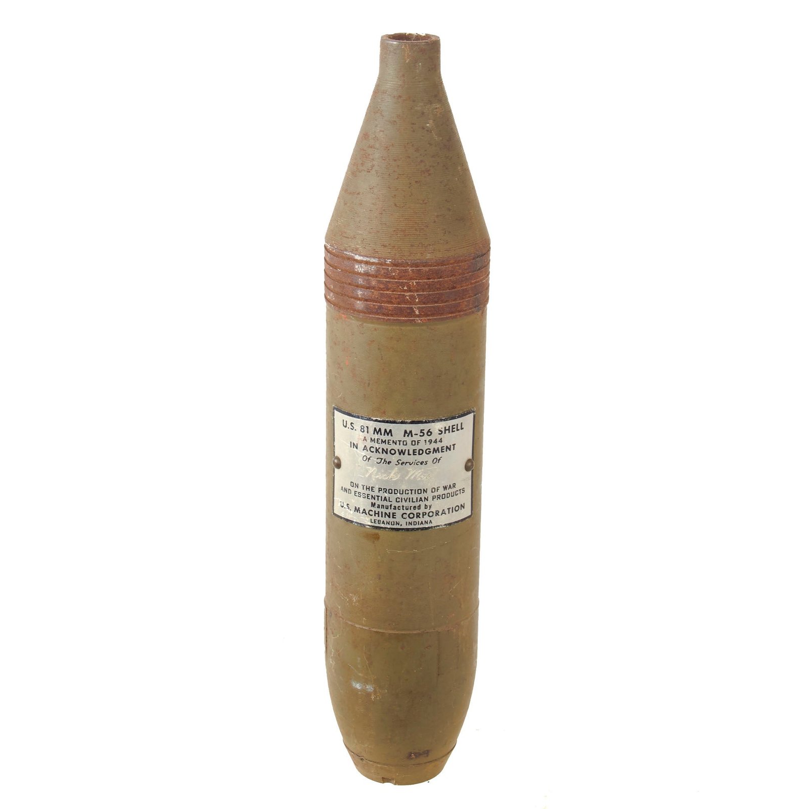 Original U.S. WWII Inert 81mm M-56 Shell Presented for Production of War and Essential Civilian Products - “Memento of 1944”