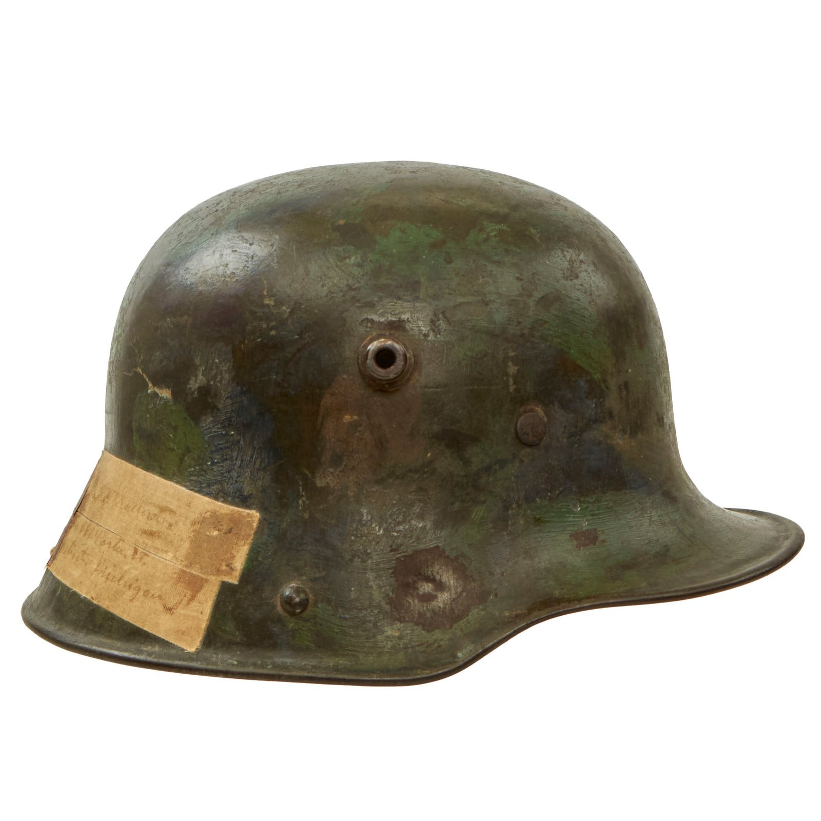 Original German WWI U.S. 32nd Division-Captured Splotch Camouflage-Painted M16 Stahlhelm Helmet Sent Home by Distinguished Service Cross & Croix de Guerre Recipient Sergeant Ted Gariepy - Outstanding