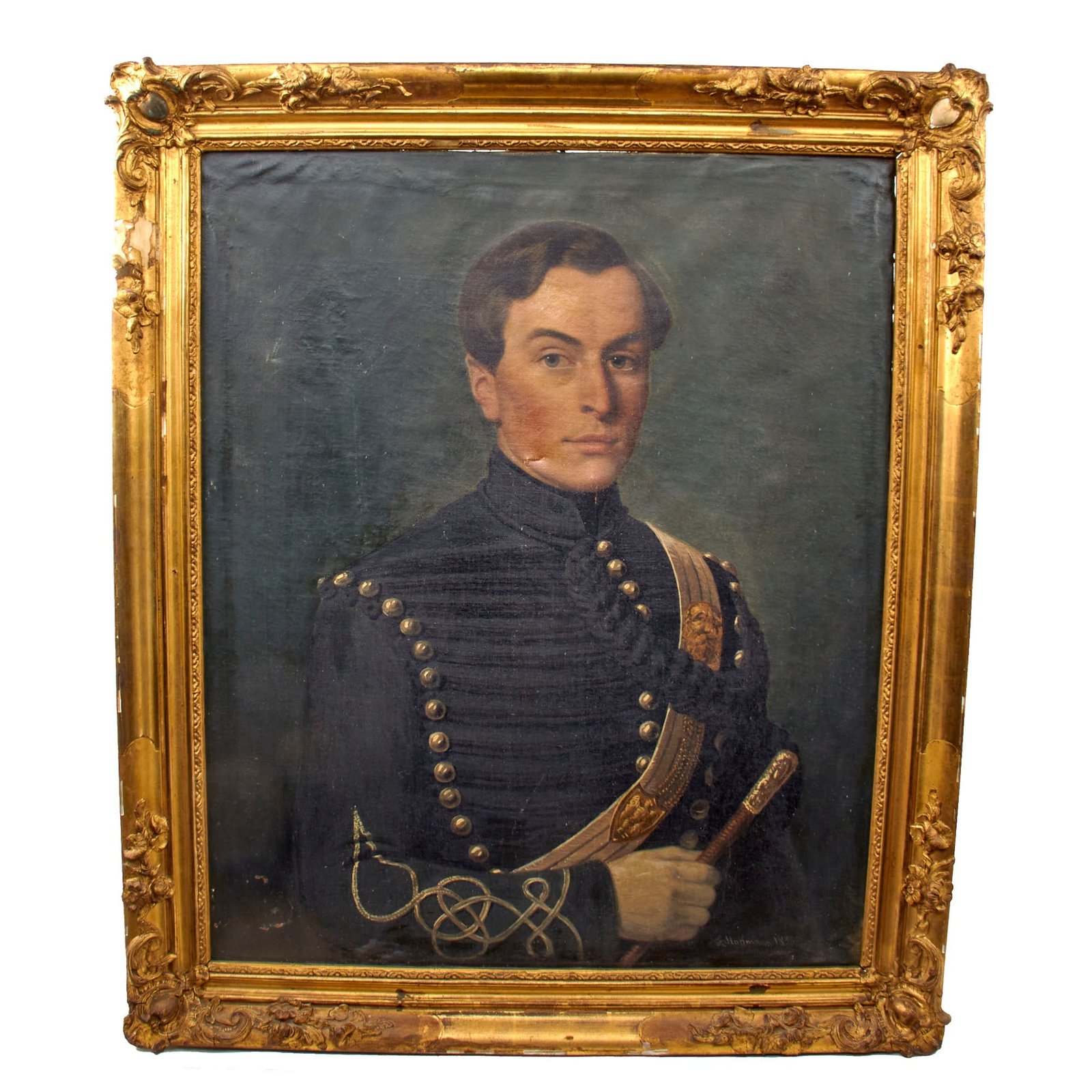 Original British Crimean War Era Framed Portrait of Hussar with Swagger Stick & Pouch Belt by F. Holtmann - Dated 1856 - 28½ x 34”