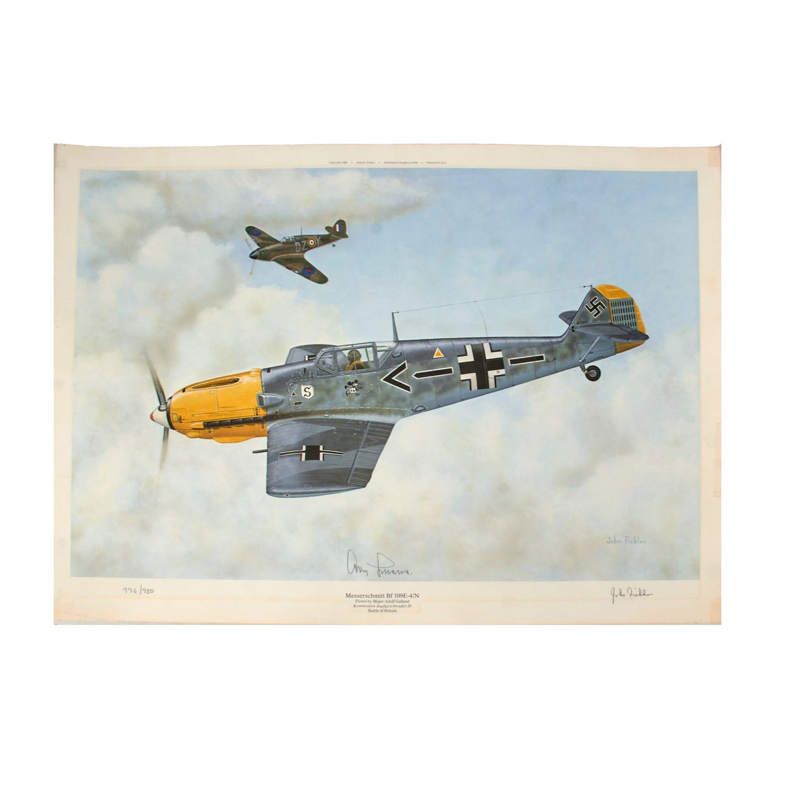Original Signed Limited Edition Print: “Messerschmitt Bf 109E-4/N” by John Ficklen Signed by Adolf Galland - 20 x 28” - 776/950