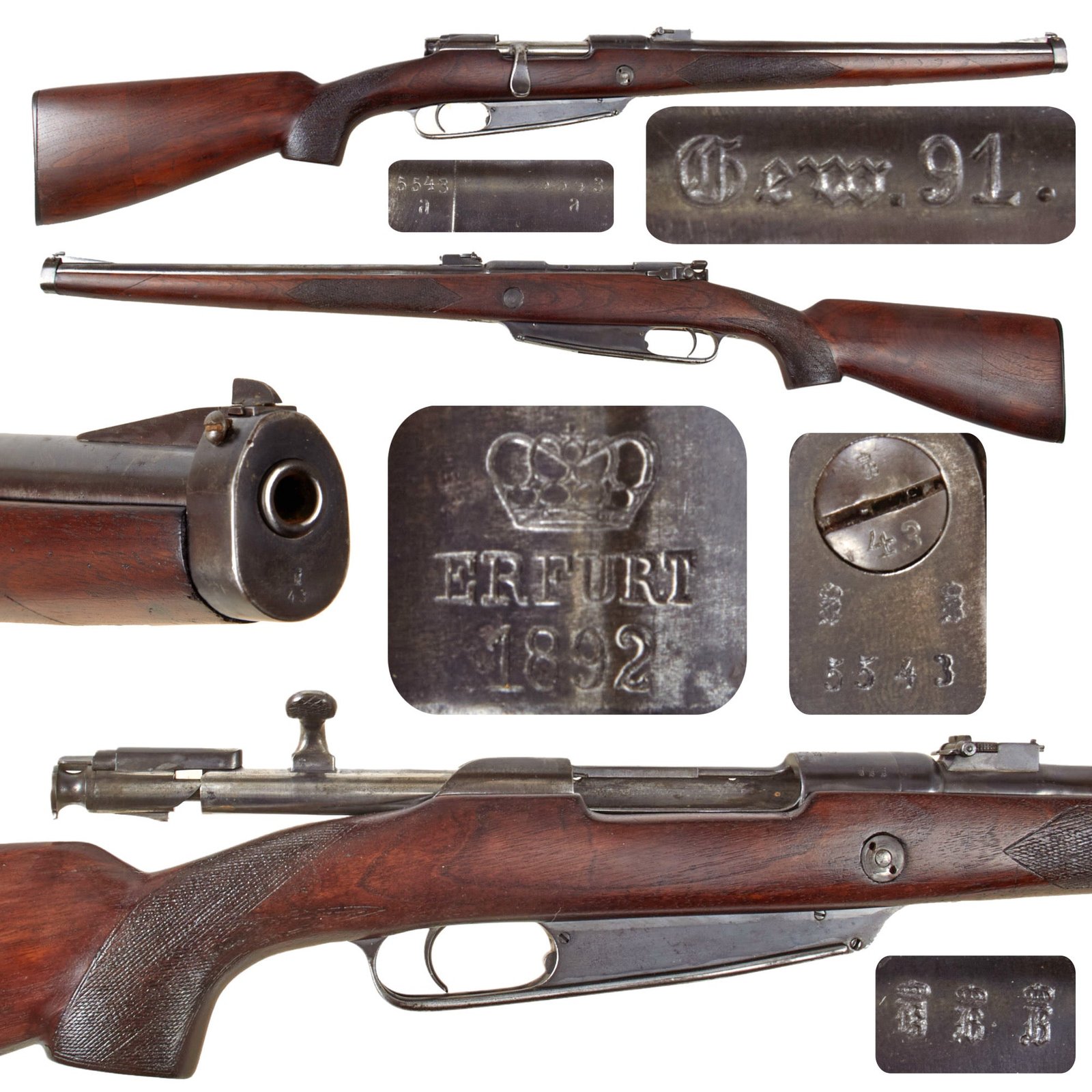 Original German Pre-WWI Sporterized Gewehr 91 S Artillery Carbine by Erfurt Dated 1892 with Custom Stock - Matching Serial 5543 a