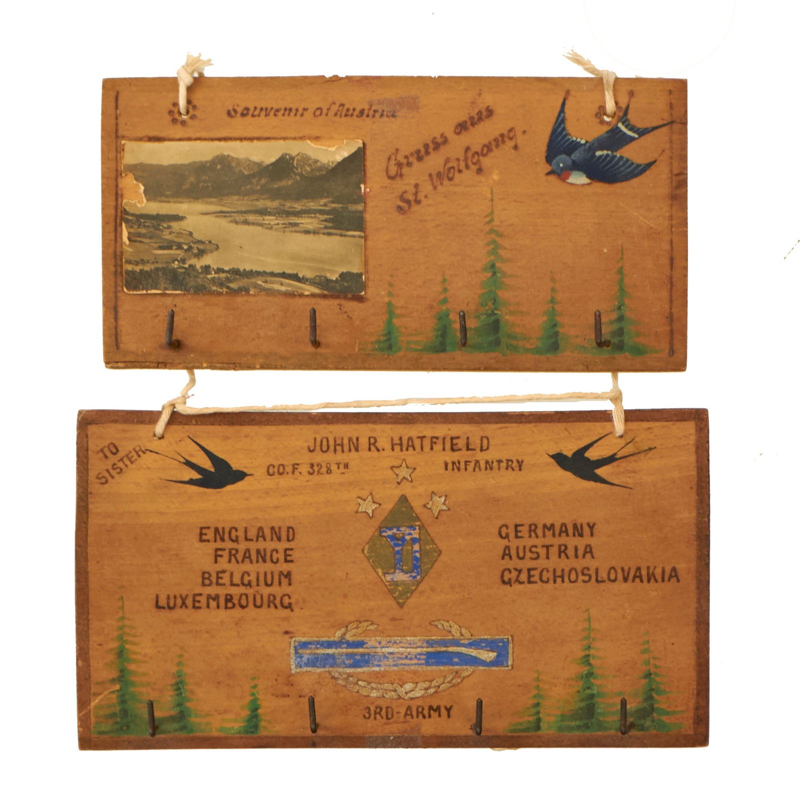Original U.S. WWII 26th Infantry Division Trench Art Coat Hanger Set - John R. Hatfield, 328th Infantry Regiment