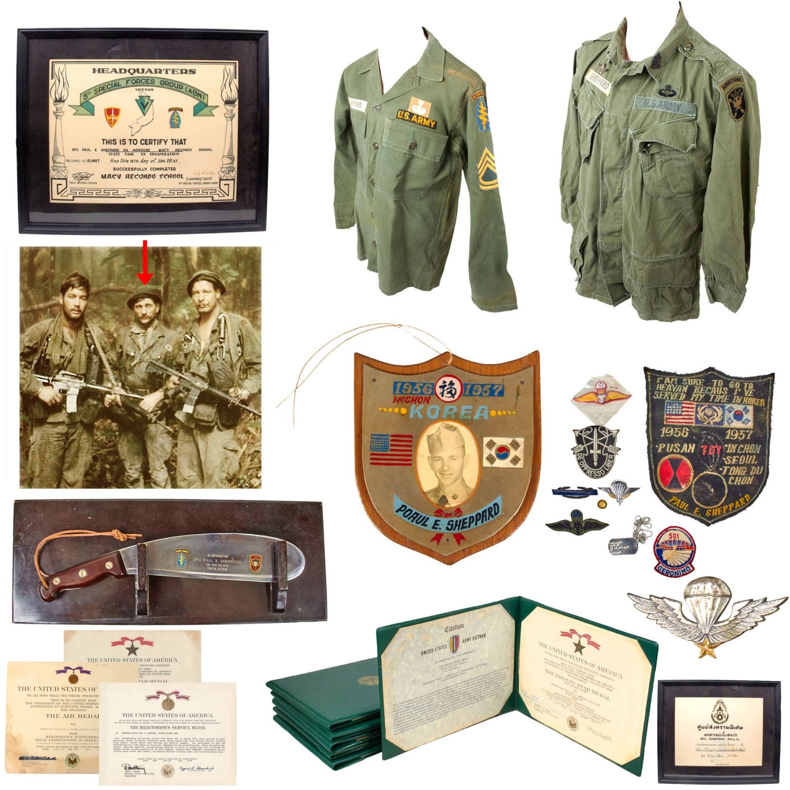 Original U.S. Vietnam War Special Forces MACV SOG Uniform & Certificate Grouping with SF Presentation Bolo & Framed MACV Recondo School Certificate - Sergeant Major Paul Enlo Sheppard
