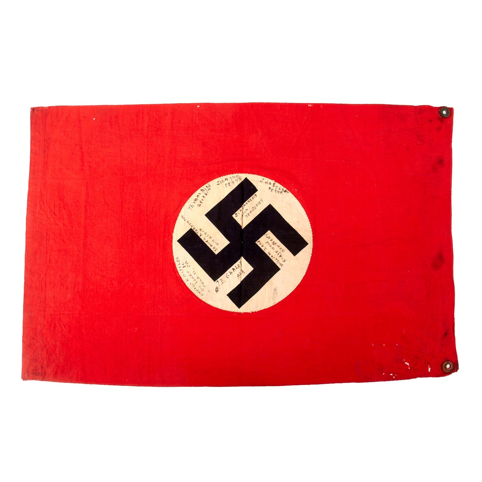 Original German WWII 1st Division Co. D, 26th Infantry Regiment USGI Captured & Signed NSDAP Double Sided Political Banner Flag - 17 Signatures Total - 14½ x 22½”