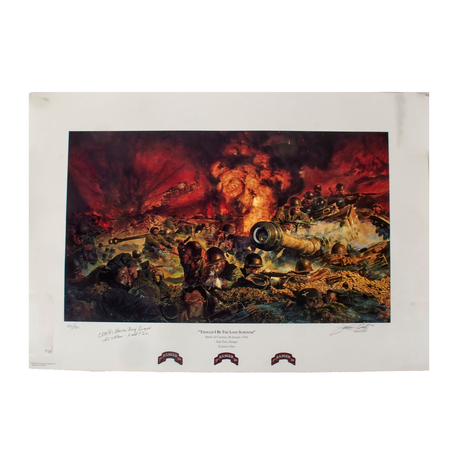 Original Signed Limited Edition Print: “Though I Be The Lone Survivor” by James Dietz Signed by Warren “Bing” Evans - 20 1/2 x 29 3/4” - 501/750