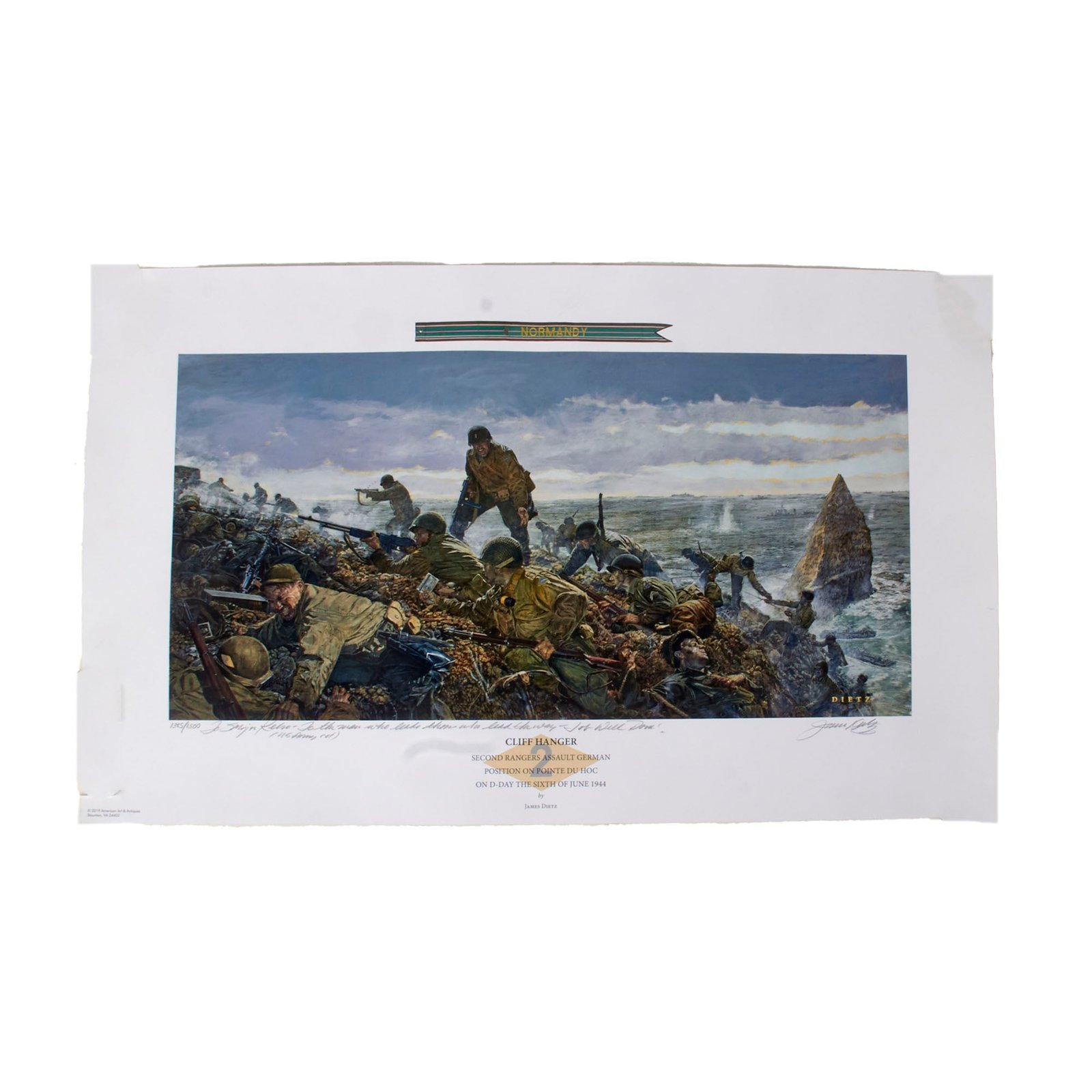 Original Signed Limited Edition Print: “Cliff Hanger ” by James Dietz Signed Presented to Sergeant Major Kelso with Certificate of Authenticity - 19 x 31” - 1385/1500