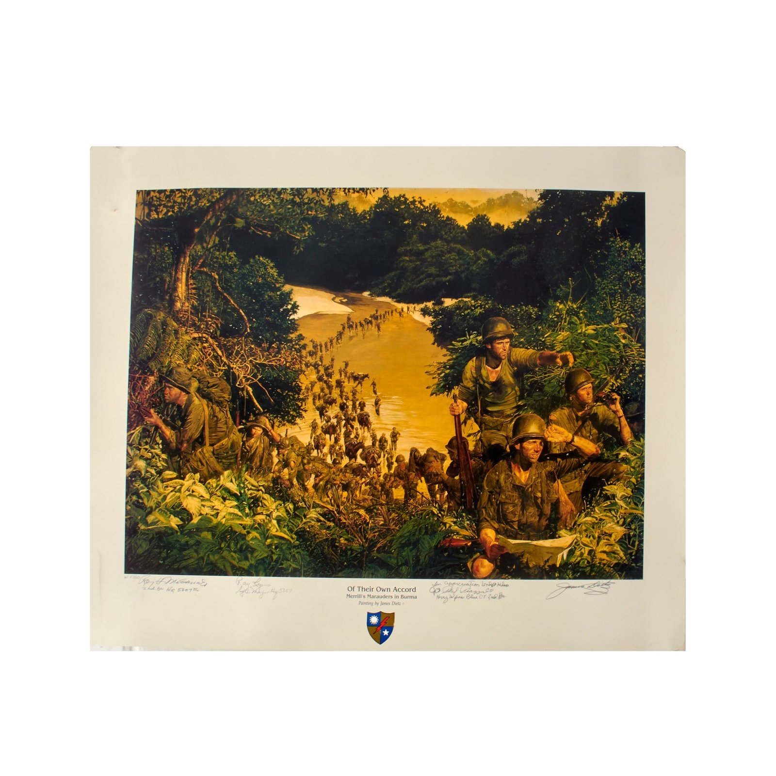 Original Signed Limited Edition Print: “Of Their Own Accord: Merrill’s Marauders in Burma” by James Dietz Signed by 3 Marauders with Certificate of Authenticity - 22 x 26¾” - 61/750