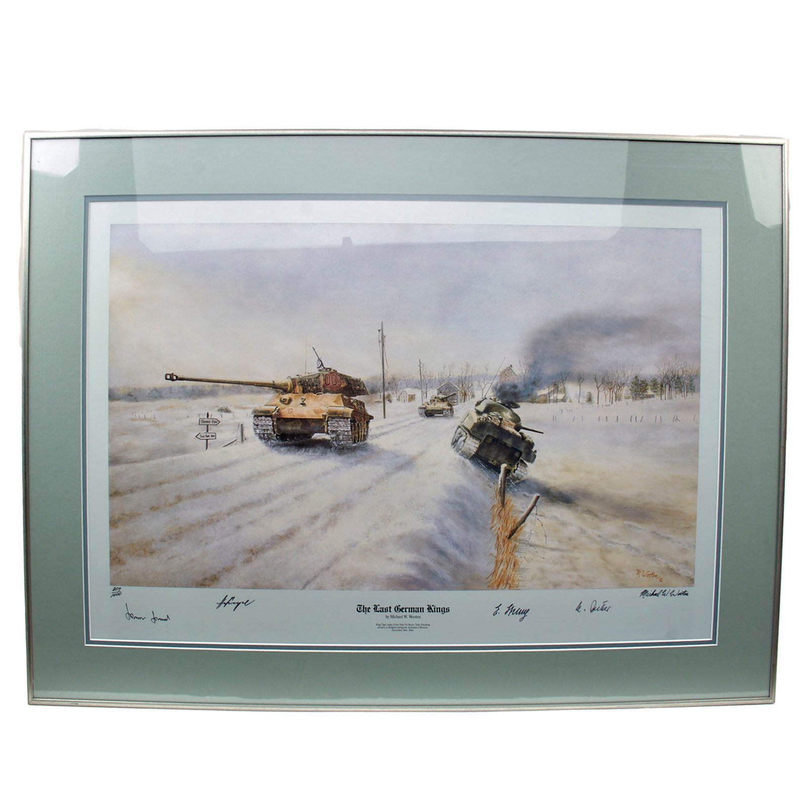 Original Signed Limited Edition Print: Framed “The Last German Kings” by Michael W. Wooten, Signed by Four German SS Tank Commanders - 207/1000 - 25 3/4 x 35 1/4”