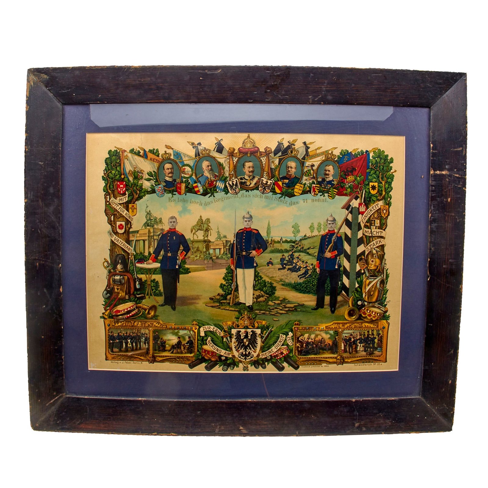 Original Imperial German Pre-WWI Framed 3rd Thuringian Infantry Regiment No. 71 Hand-Painted Portraits of Soldier - 24" x 29"