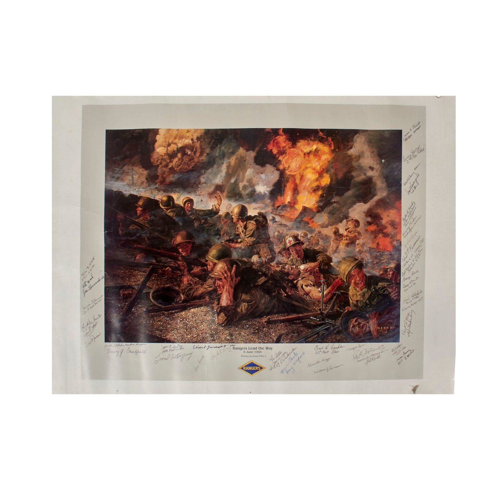 Original Signed Print: “Rangers Lead the Way 6 June 1944” by James Dietz Privately Signed by 36 Rangers - 24 x 35½”