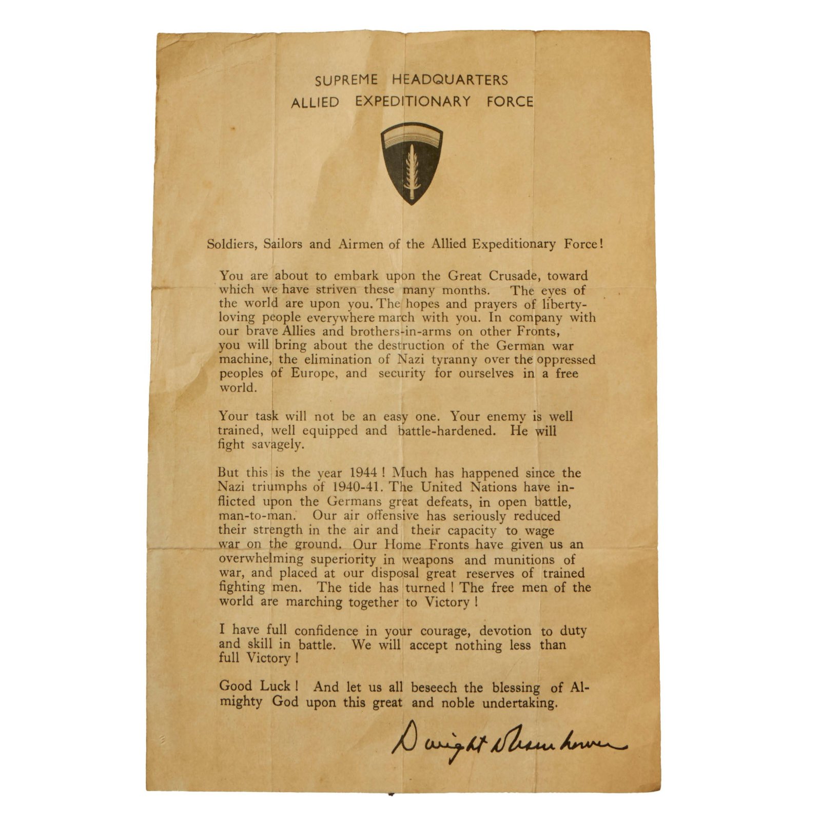 Original U.S. WWII SHAEF Eisenhower Letter Sent to the Troops Before D-Day