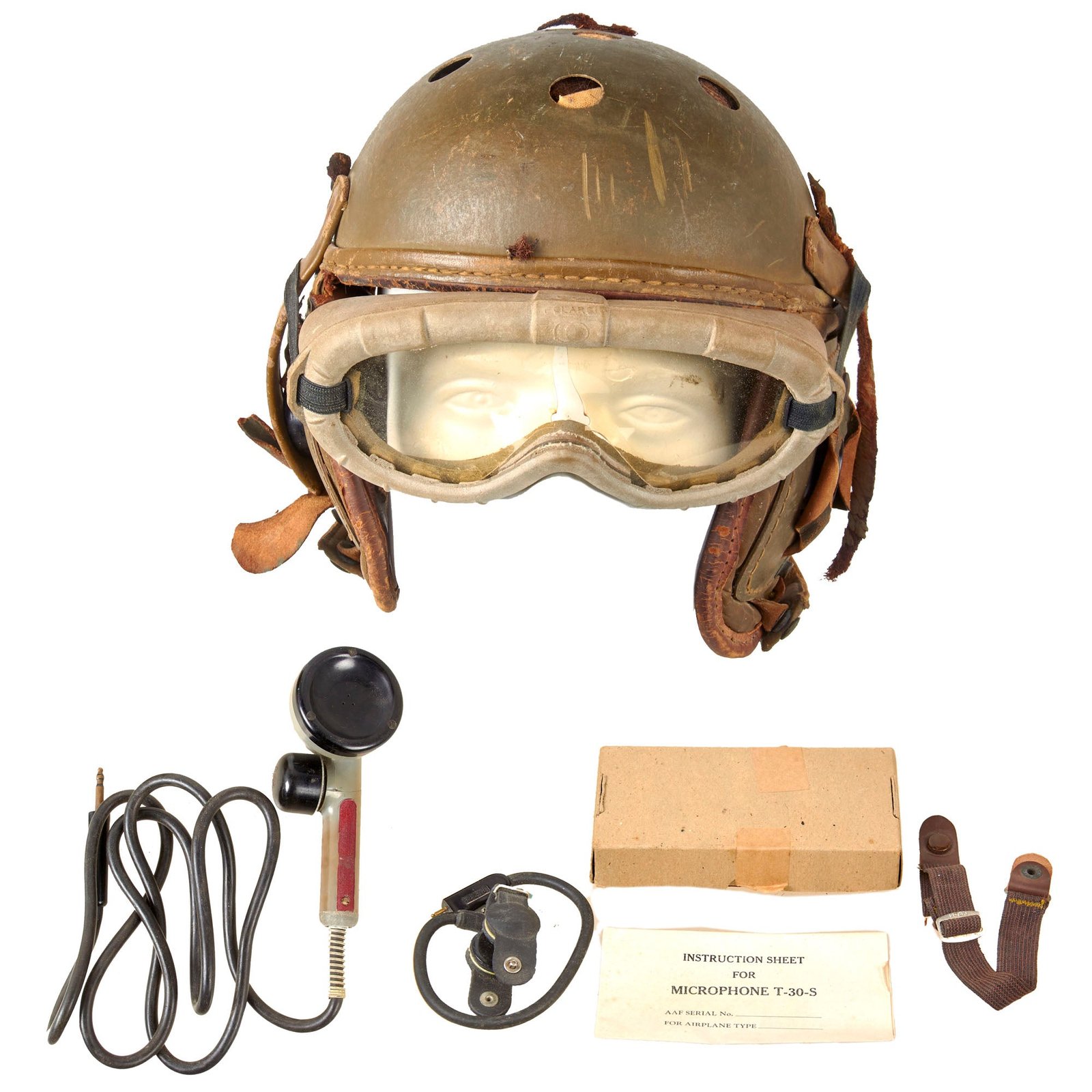 Original U.S. WWII M38 Tanker Helmet by Rawlings with T-17-D Handset, R-14 Headphones, Throat Mic and Early Polaroid Goggles