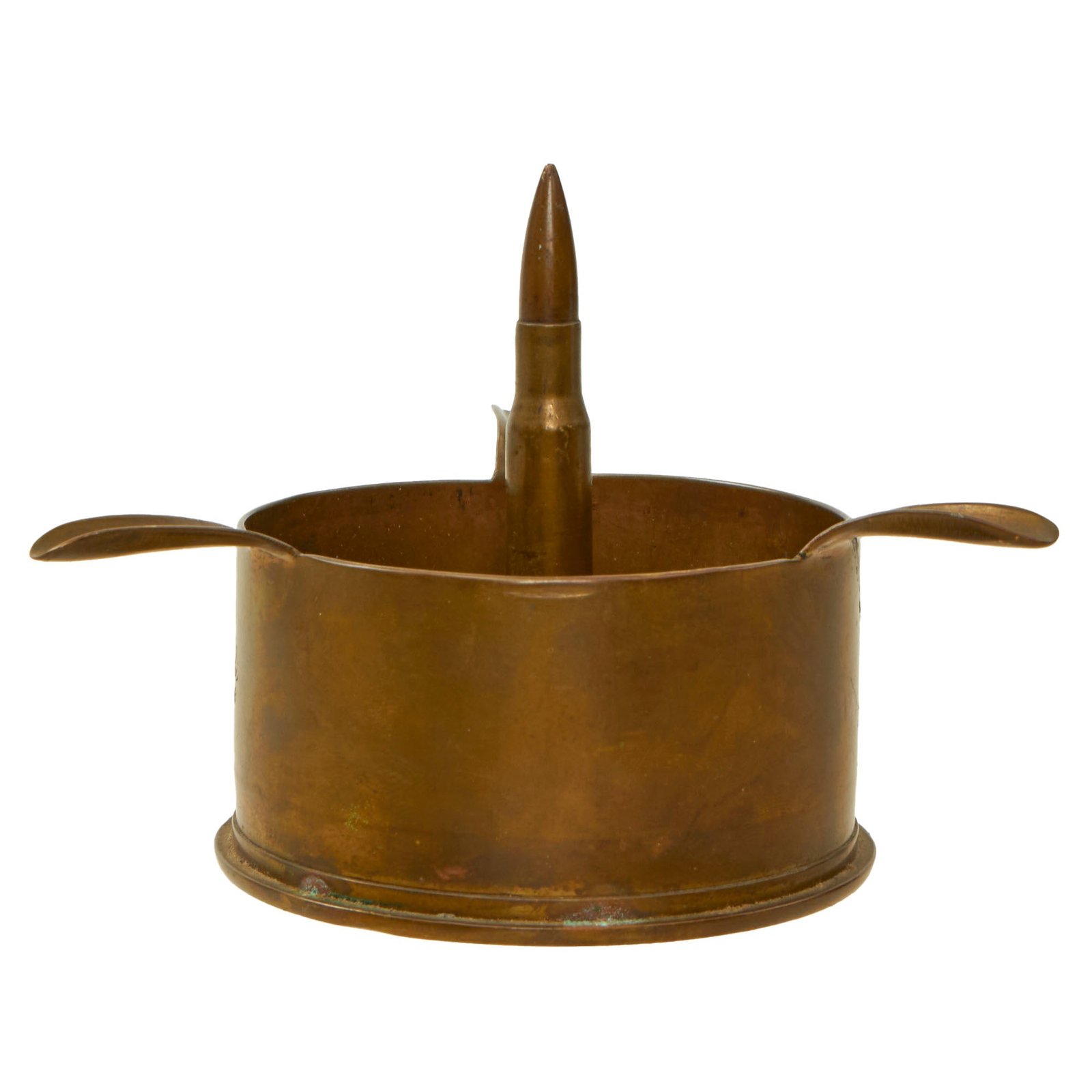 Buy Original U.S. WWII Iwo Jima Trench Art Ashtray Made from 75mm Shell & Cartridge - Engraving of Mount Suribachi | Original Firearms Antique For Sale