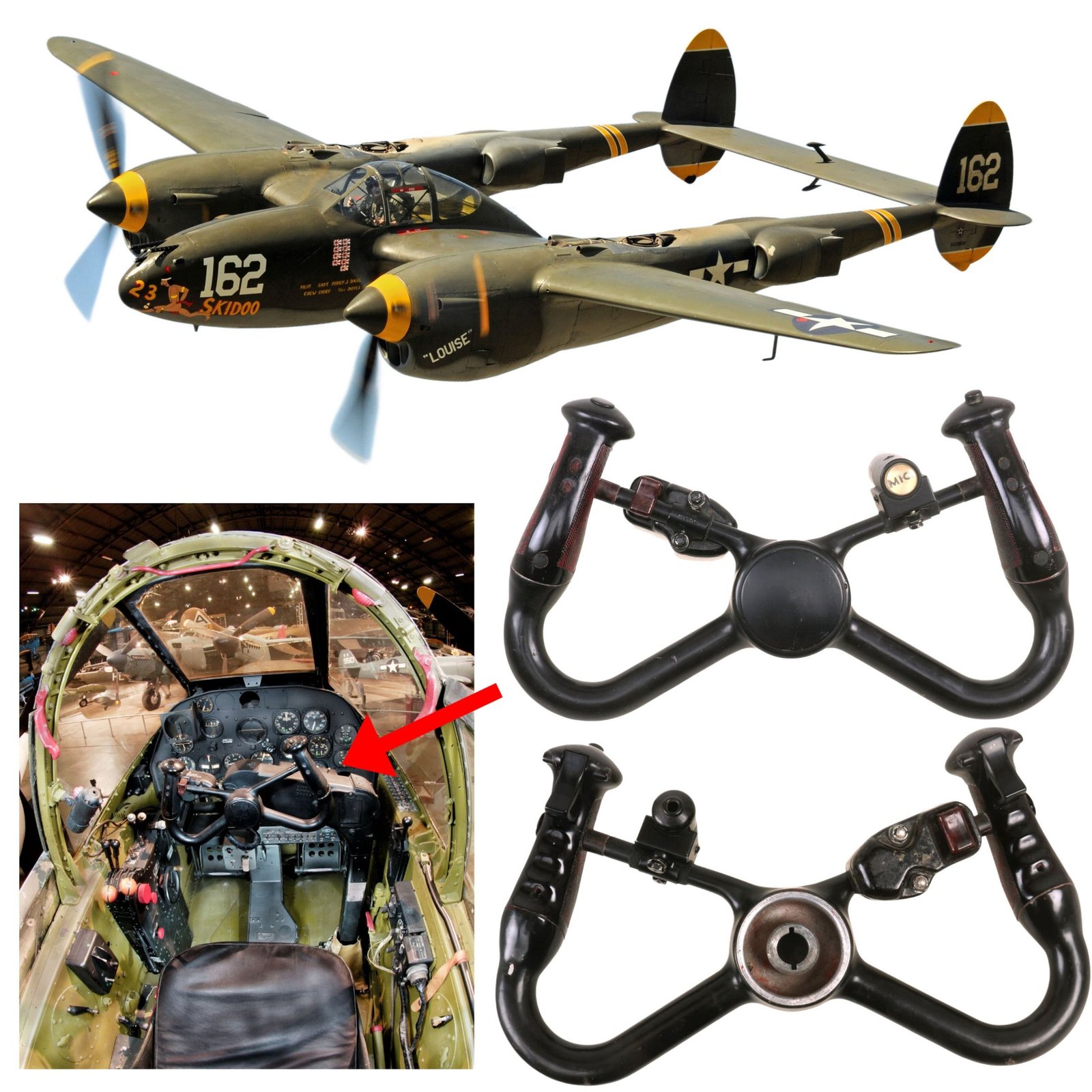 Buy Original U.S. WWII Lockheed P-38 Lightning Steering Control Yoke with Original Switch & Microphone Button - Late War Model | Original Firearms Antique For Sale