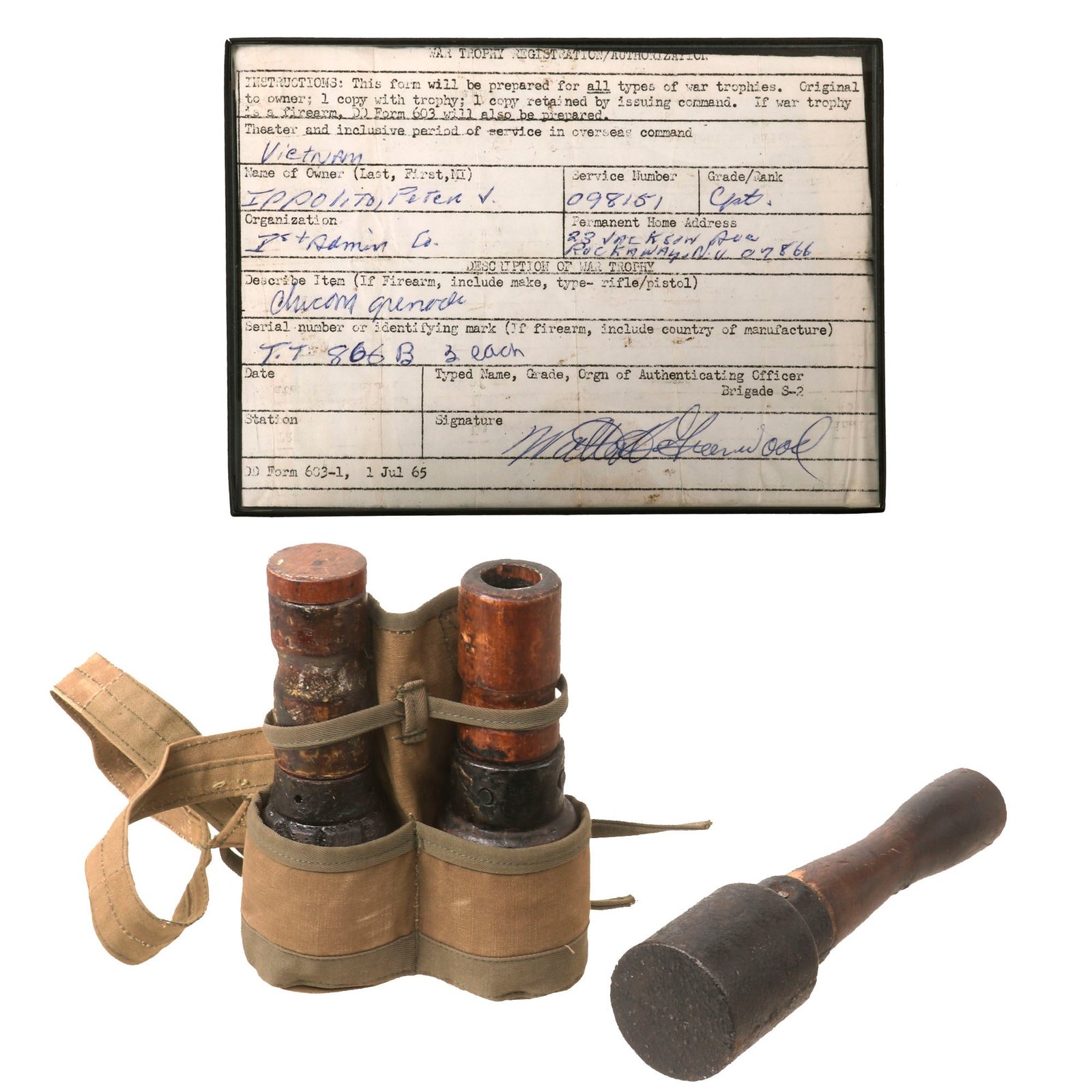 Buy Original Vietnam War NVA / VC North Vietnamese Inert U.S. Captured ChiCom Stick Fragmentation Grenade Group with Carrier & Capture Papers - Captain Peter John Ippolito, Bronze Star Recipient | Original Firearms Antique For Sale