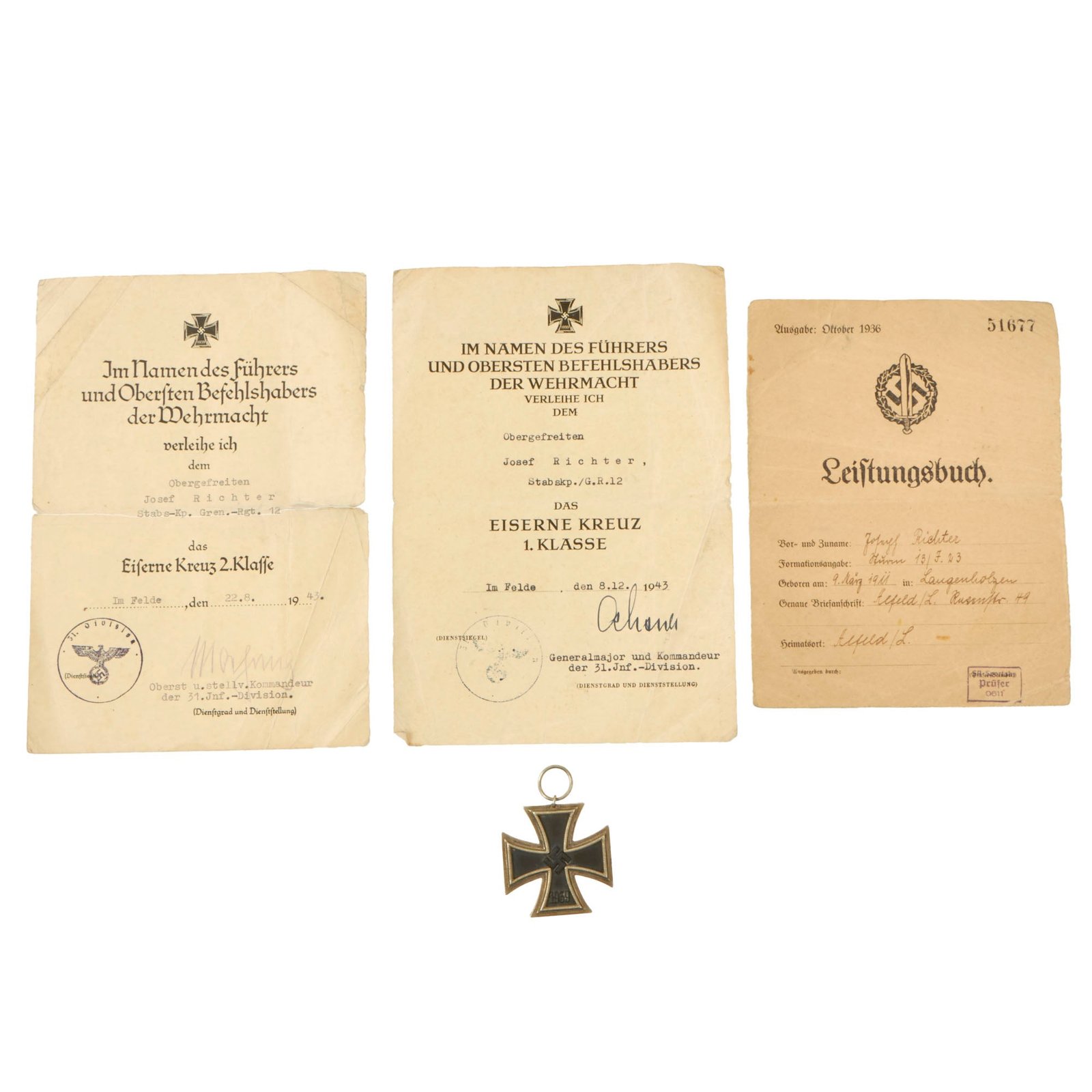 Buy Original German WWII Document Grouping Named to Obergefreiter Josef Richter with EKII Award - Grenadier Regiment 12 | Original Firearms Antique For Sale