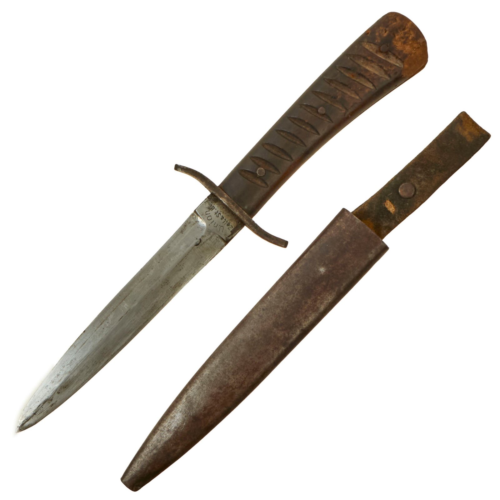 Buy Original German WWI Private Purchase Trench Fighting Knife with Ribbed Grips & Original Rolled Steel Scabbard by Union Zella St. Blasii | Original Firearms Antique For Sale