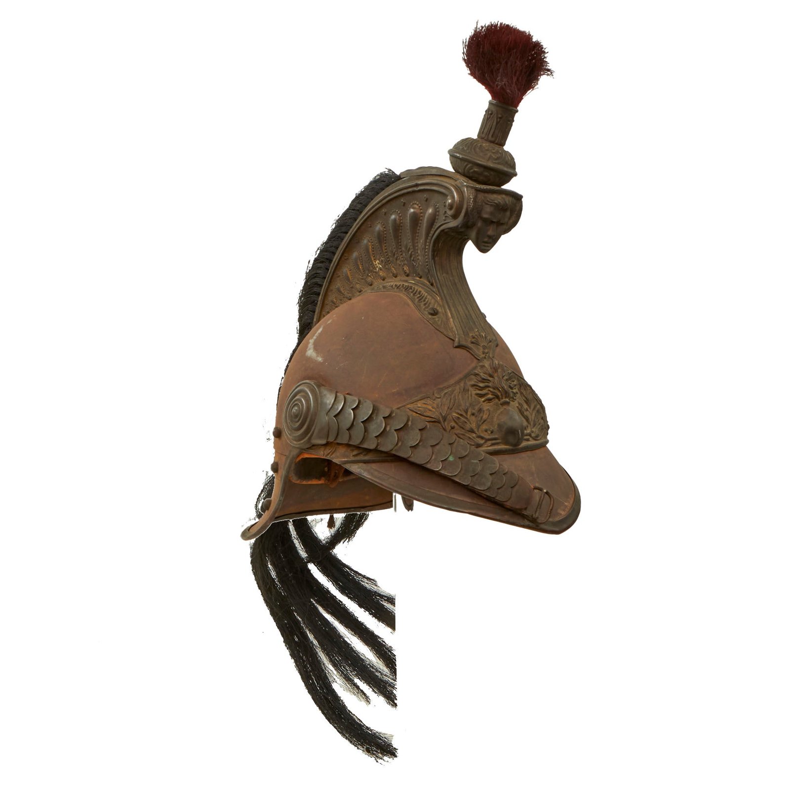 Buy Original French WWI Model 1870 Enlisted Trooper’s Cuirassier Helmet with Horsehair Tail & Red Horsehair Tuft | Original Firearms Antique For Sale