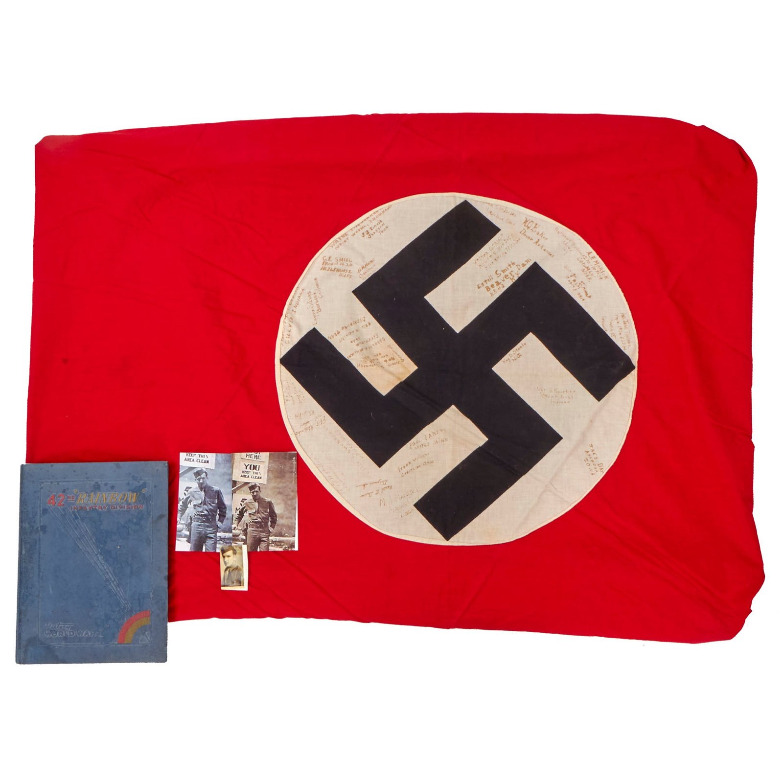 Buy Original German WWII 42nd Infantry Division Anti-Tank Platoon 222nd Infantry USGI Captured & Signed NSDAP Double Sided Political Banner Flag with Provenance Research & Unit History - 47 x 110” | Original Firearms Antique For Sale