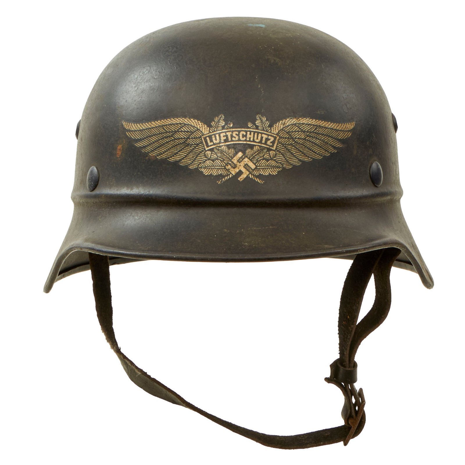 Buy Original German WWII Luftschutz Civil Air Defense Beaded M35 Helmet with 56cm Liner & Chinstrap - marked EF64 | Original Firearms Antique For Sale