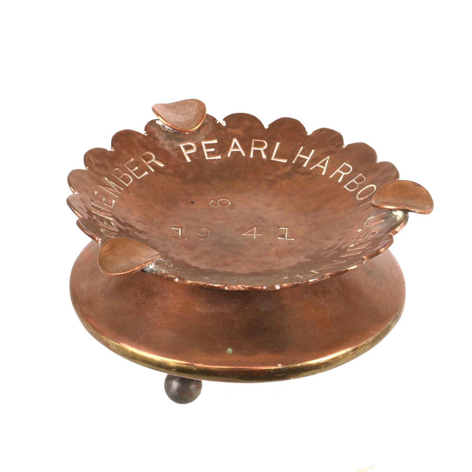 Buy Original U.S. WWII "Remember Pearl Harbor” Brass Ashtray with 1941-Dated Penny Cigarette Holders | Original Firearms Antique For Sale
