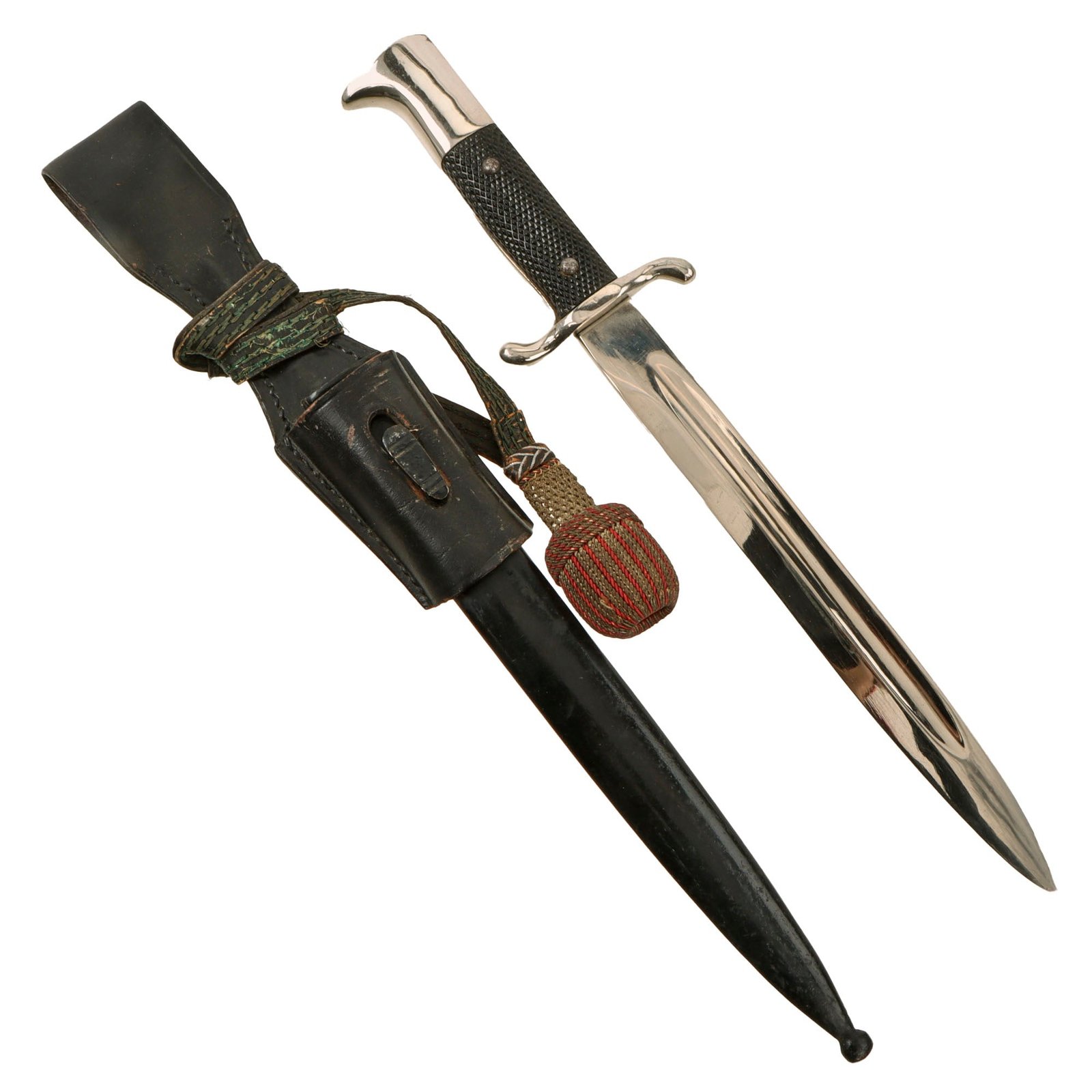 Original German WWII Fireman's Long Dress Bayonet with Scabbard, Frog, and Troddel Knot
