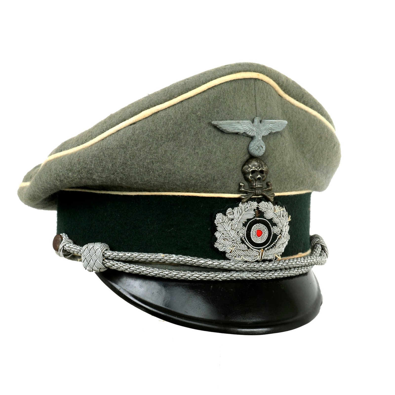 Buy Original German WWII 17th Infantry Regiment Officers Schirmmütze Visor Crush Cap by Peküro with Braunschweig Skull Hussar Traditions Badge | Original Firearms Antique For Sale