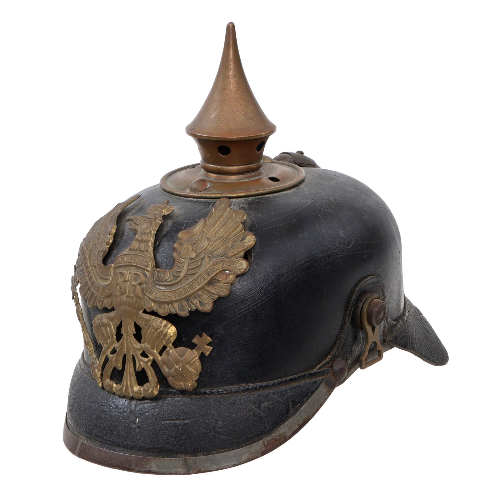 Original Imperial German WWI Possible Unit-Marked Prussian M1895 Line Infantry Pickelhaube Spiked Helmet - Missing Chinstrap Lug & Spike Base Rivets - Dated 1913