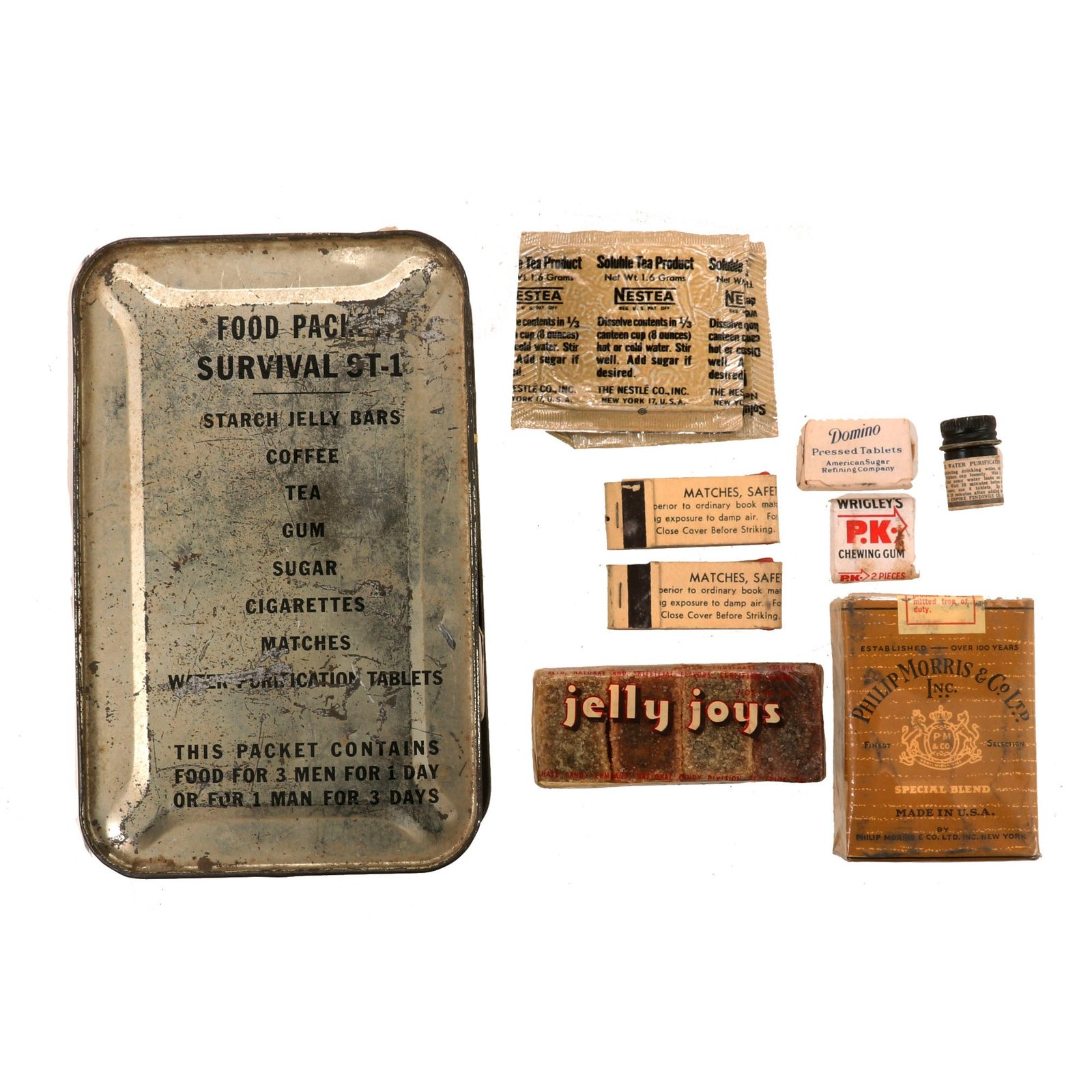 Buy Original U.S. Korean War Era Food Packet Survival ST-1 Tin Open with Contents | Original Firearms Antique For Sale