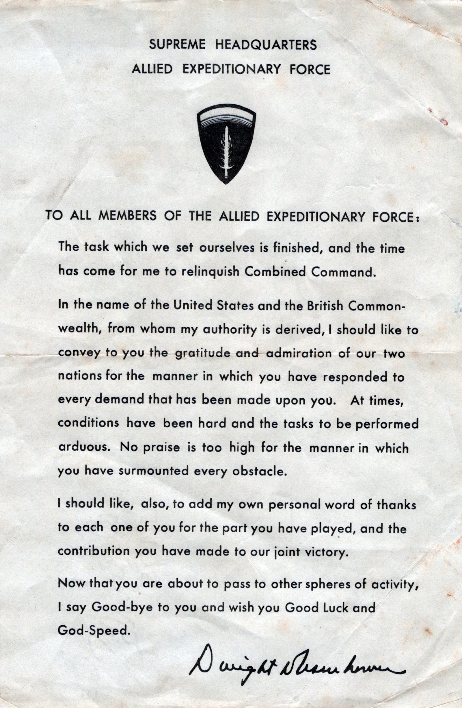 Buy Original U.S. WWII SHAEF Eisenhower Letter Sent to the Troops After D-Day | Original Firearms Antique For Sale
