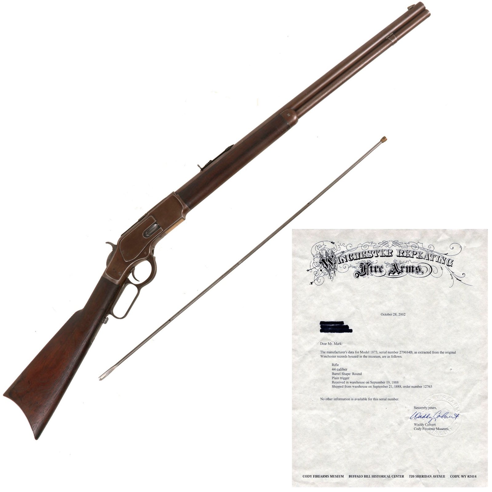 Buy Original U.S. Winchester Model 1873 .44-40 Repeating Rifle Made in 1888 with 24" Round Barrel, Cleaning Rod, and Factory Letter - Serial 279684B | Original Firearms Antique For Sale