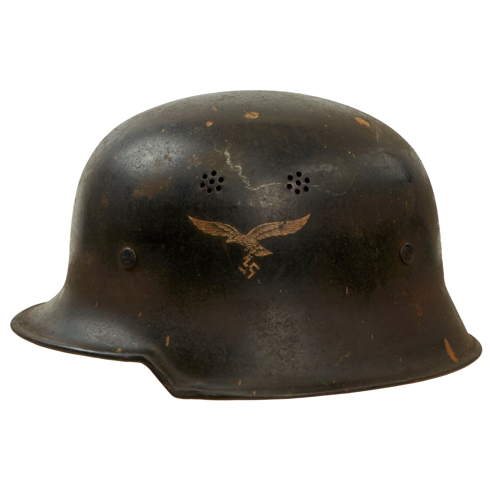 Buy Original German WWII M34 Square Dip Luftwaffe Fire Brigade Crash Crew Helmet with Double Decals - Size 58 | Original Firearms Antique For Sale