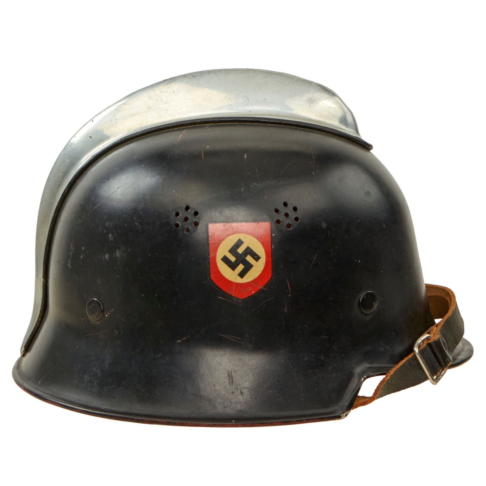 Buy Original German WWII M34 Square Dip All Aluminum Double Decal Fire Police Helmet with 56cm Liner & Chinstrap - Feuerwehr | Original Firearms Antique For Sale