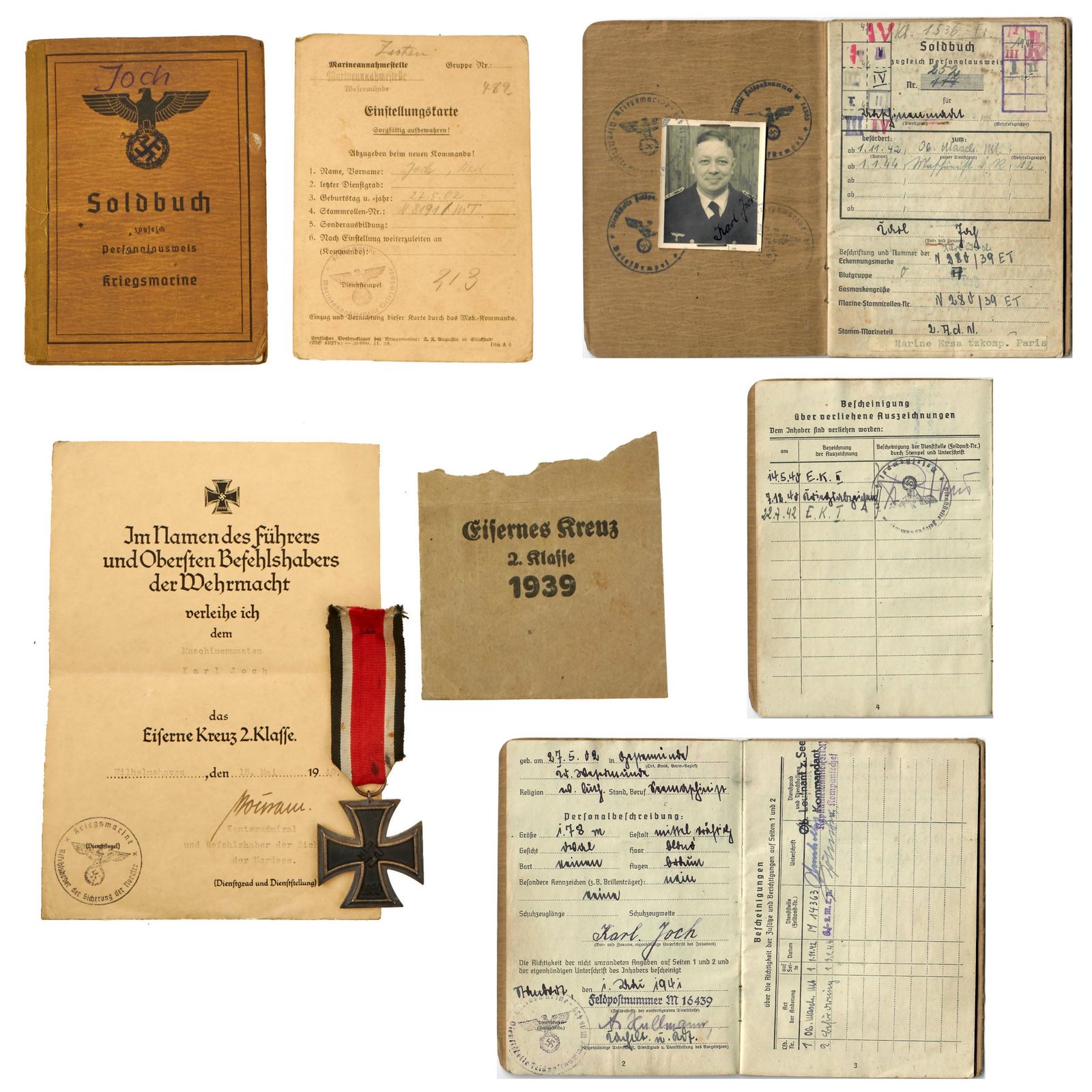 Buy Original German WWII Kriegsmarine Navy Soldbuch ID Book of Maschinist Karl Joch with EKII, Award Document, and Enlistment Document | Original Firearms Antique For Sale