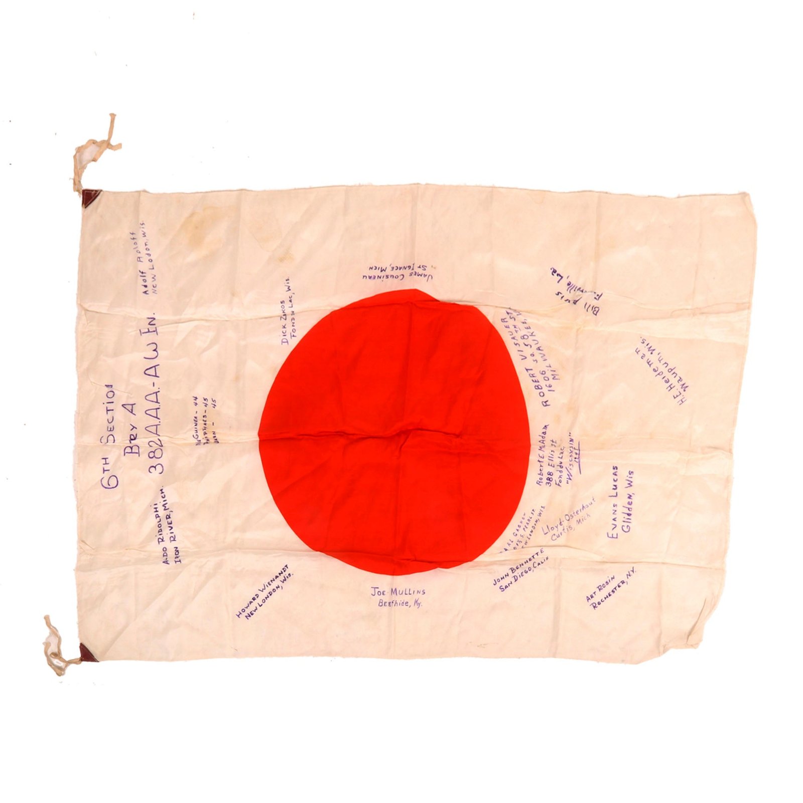 Buy Original U.S. WWII 382nd Anti-Aircraft Artillery Battalion Captured & Signed Japanese Flag - 15 Signatures - 29 x 43” | Original Firearms Antique For Sale