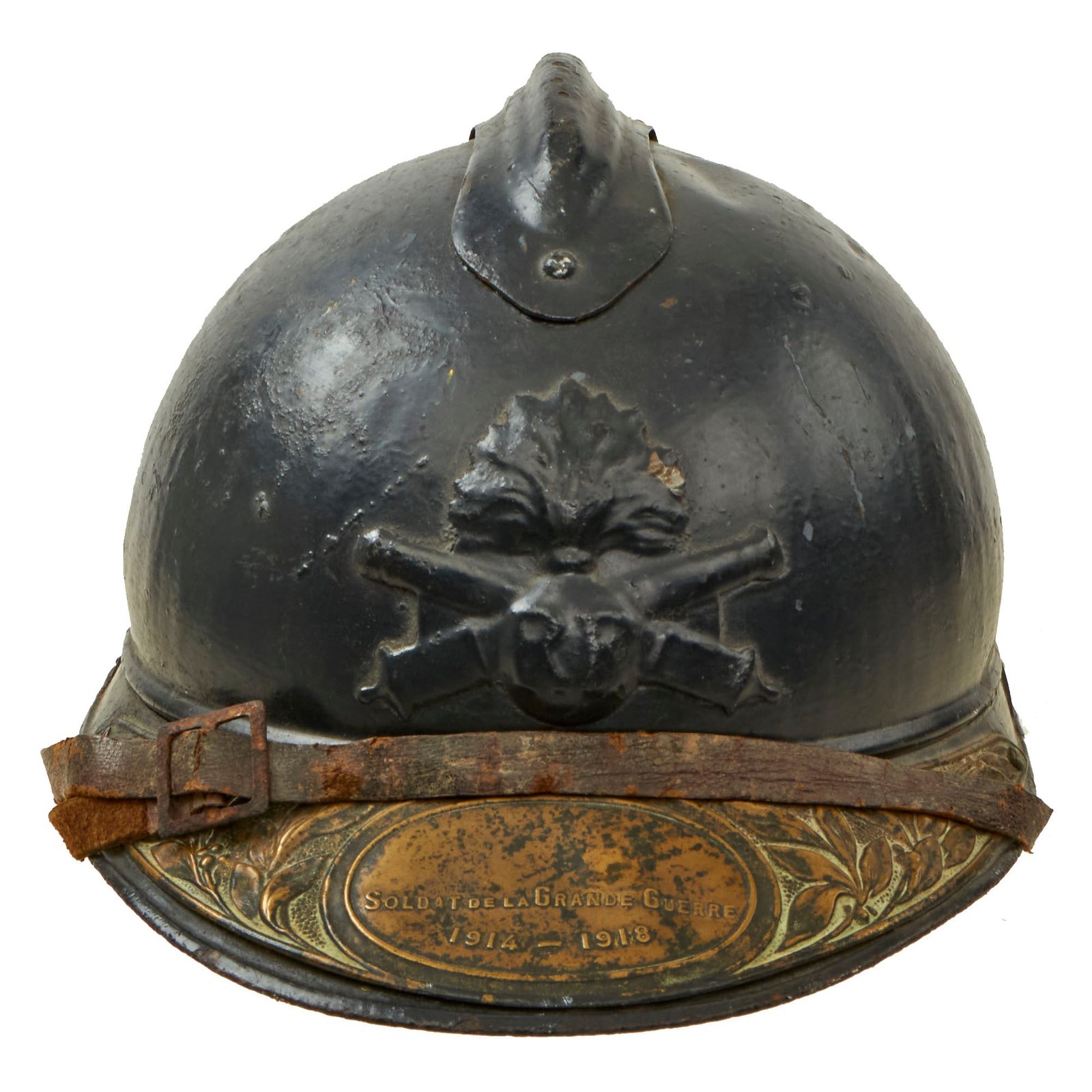 Buy Original French WWI Model 1915 Adrian Helmet in Horizon Blue with Artillery RF Badge and Soldat De La Grande Guerre 1914-1918 Brass Plate - Scarce 1st Pattern Liner - Complete | Original Firearms Antique For Sale