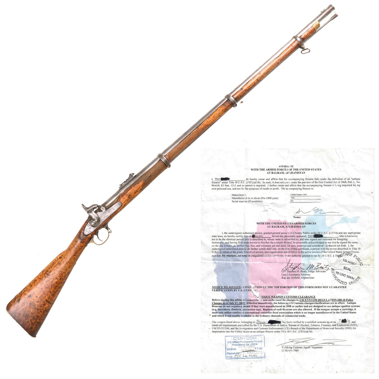 Buy Original British 4th Model P-1853 Enfield Three Band Rifle Musket dated 1861 - Documented USGI Afghanistan Bring Back | Original Firearms Antique For Sale
