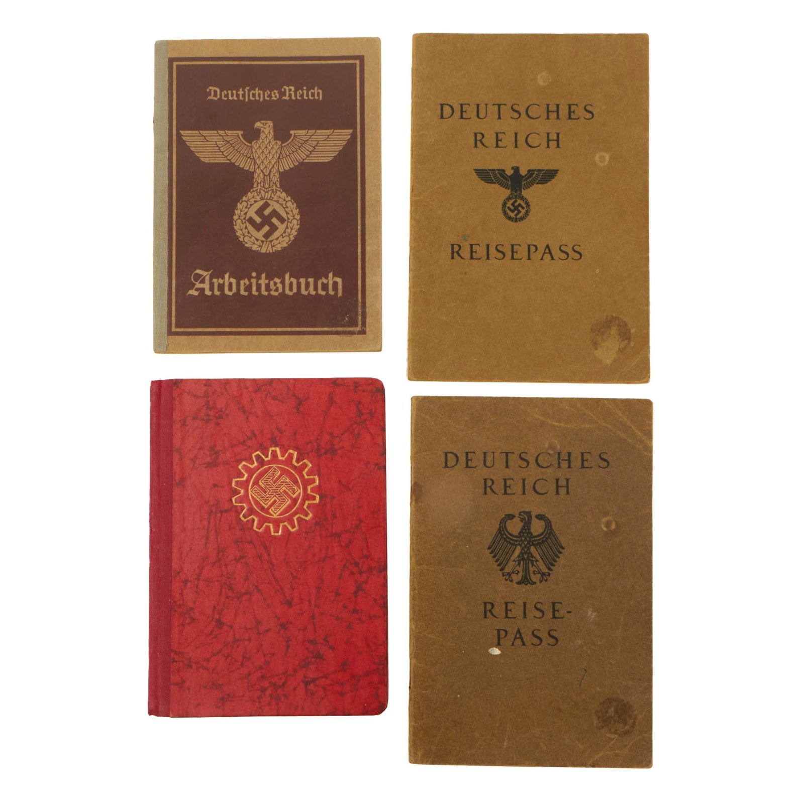 Buy Original German WWII Set of Four Identification & Document Books - Two Passports, Workbook, and DAF Membership Book | Original Firearms Antique For Sale