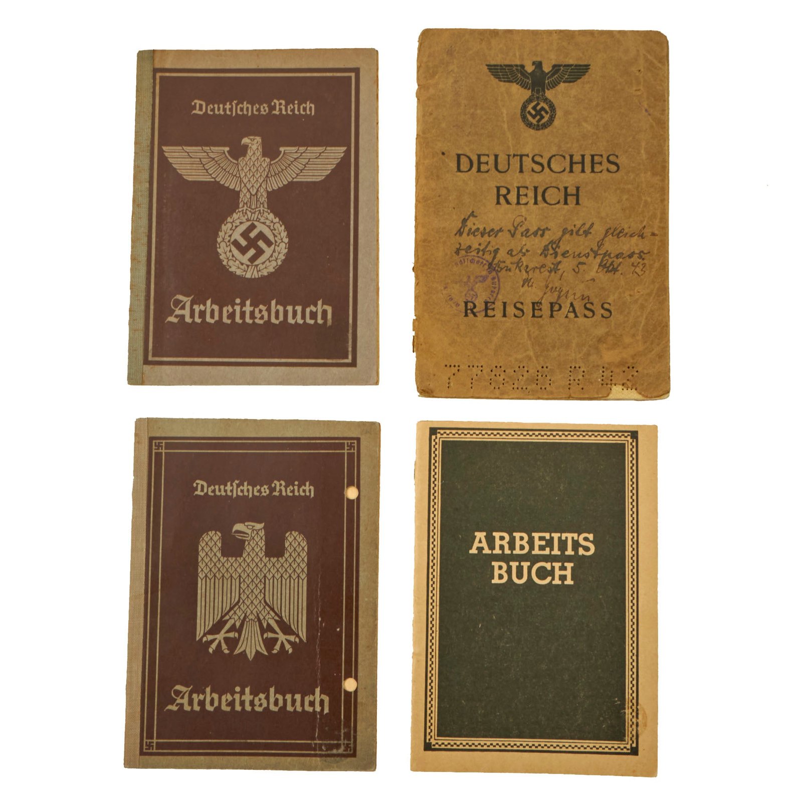 Buy Original German WWII - Post War Set of Four Identification & Document Books - Passport and Three Workbooks | Original Firearms Antique For Sale