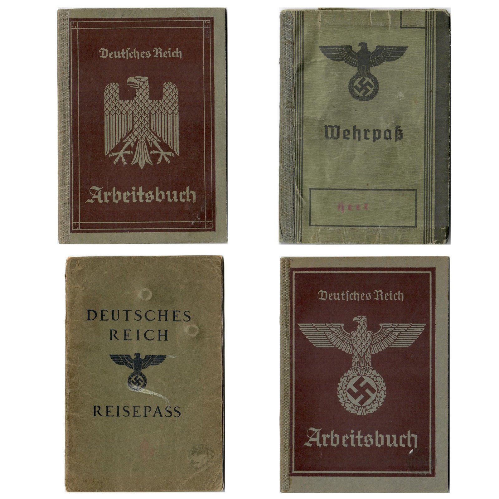 Buy Original German WWII Set of Four Identification & Document Books - Wehrpaß, Passport, and Workbooks | Original Firearms Antique For Sale