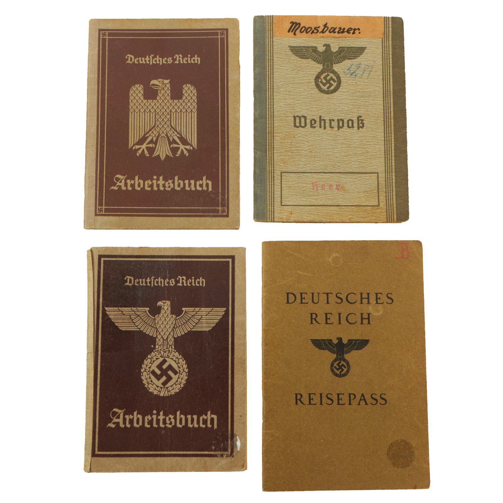 Buy Original German WWII Set of Four Identification & Document Books - Wehrpaß, Passport, and Workbooks | Original Firearms Antique For Sale