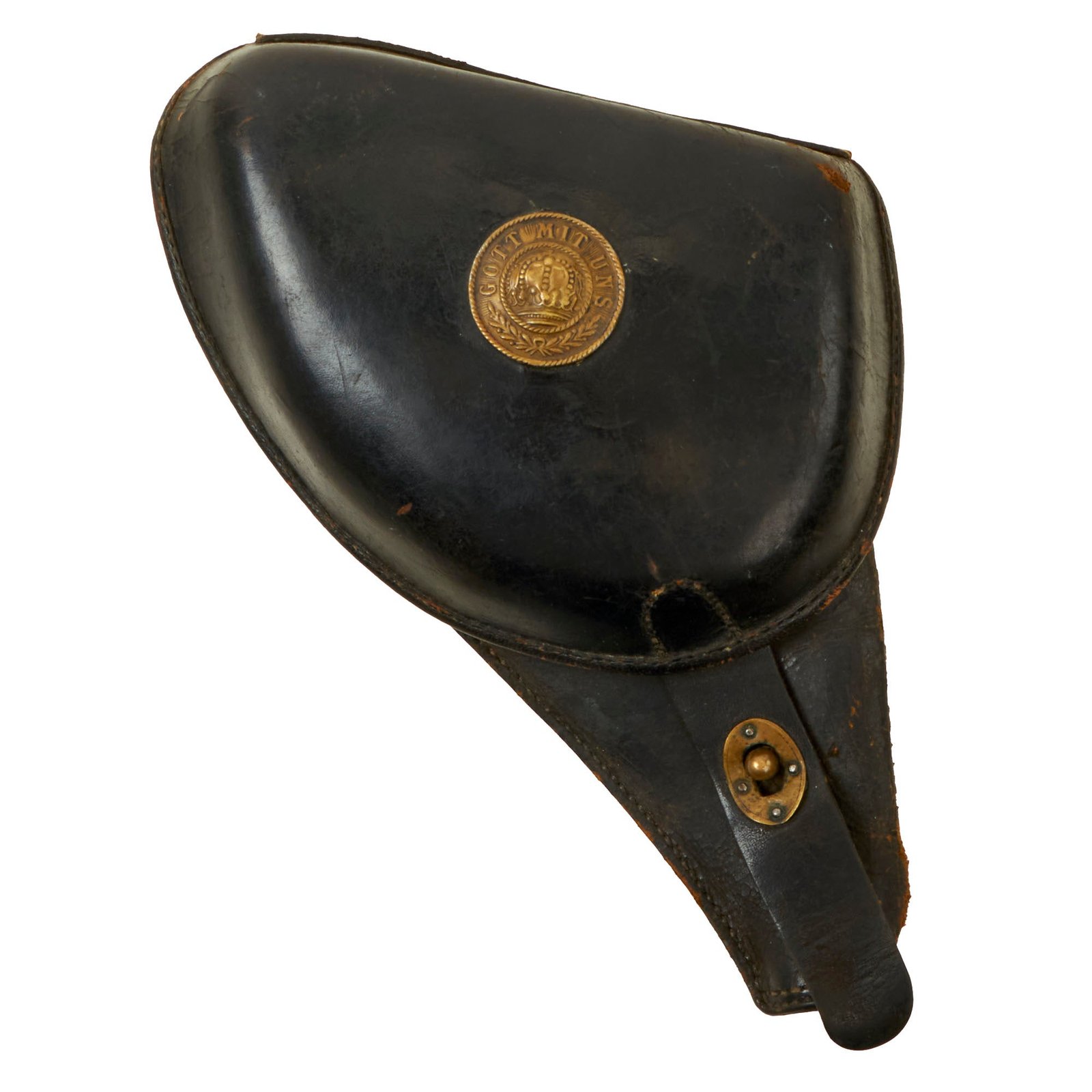 Buy Original French WWI German-Captured Model 1873 Service Revolver Leather Clamshell Holster with Attached Gott Mit Uns Badge | Original Firearms Antique For Sale