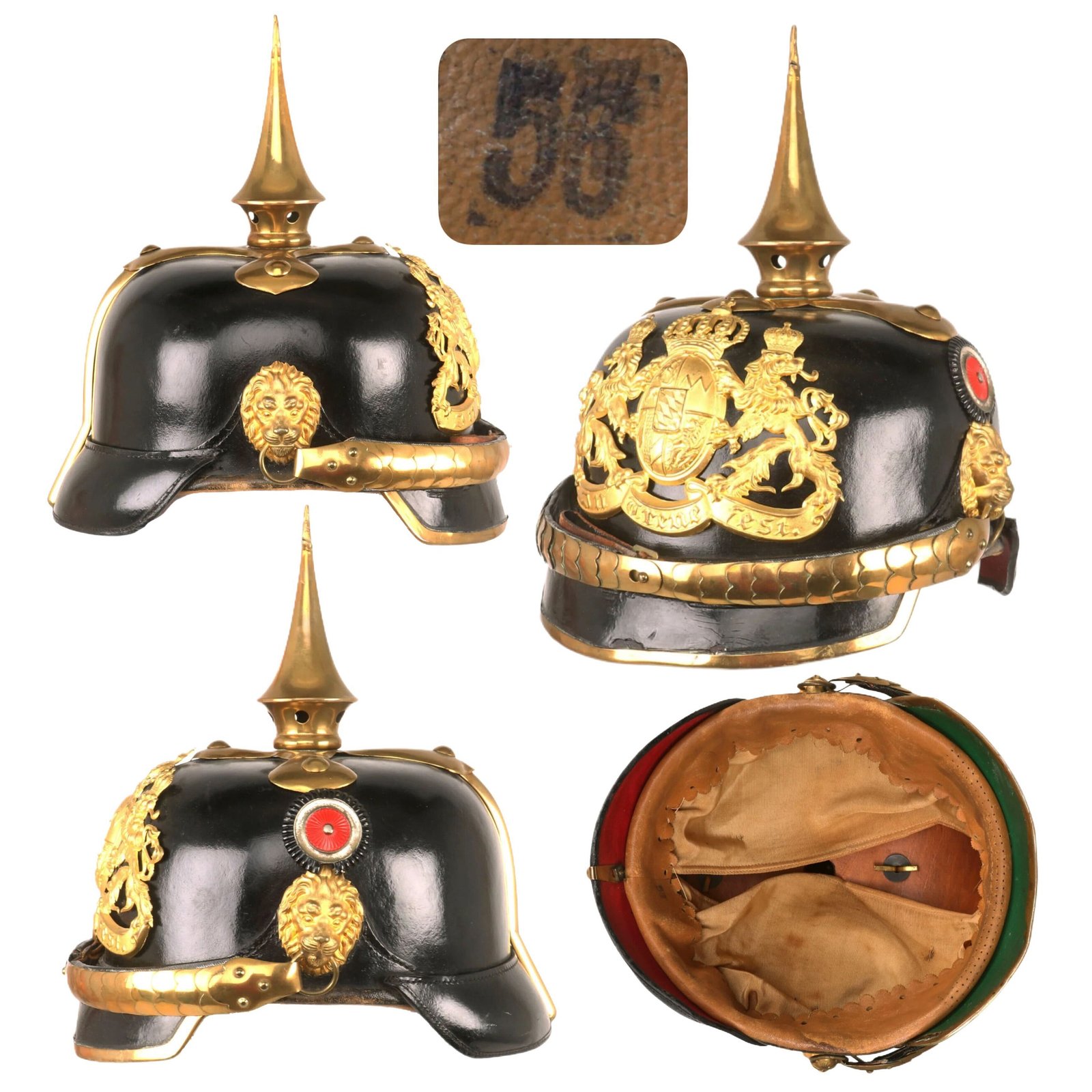 Buy Original German WWI Bavarian M1896 State Official’s Leather Pickelhaube Helmet with Chinscales & Lion’s Head Posts - Size 55 | Original Firearms Antique For Sale