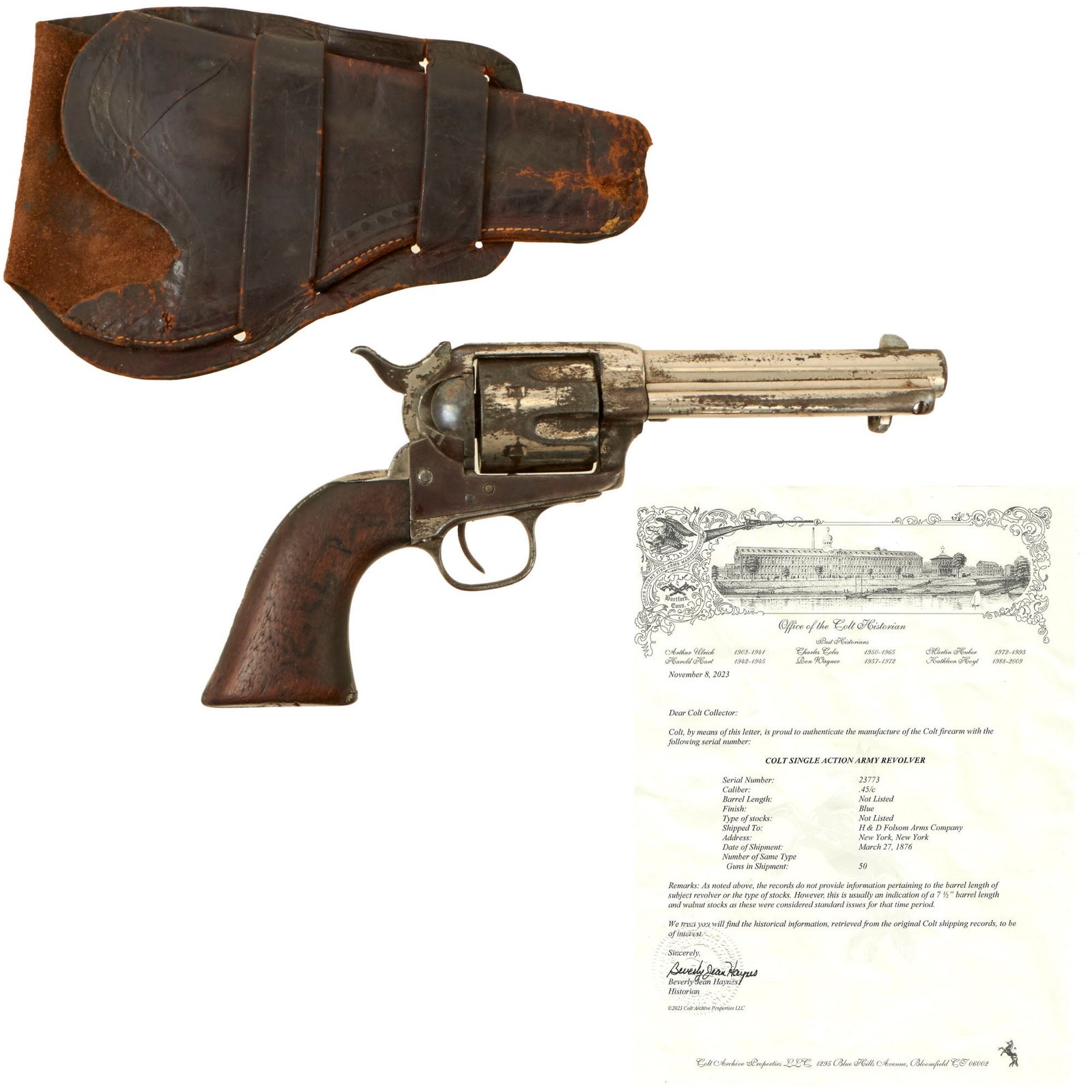 Buy Original U.S. Colt Nickel Plated .45cal Single Action Army Revolver Made in 1876 with Cut 4 3/4" Barrel, Factory Letter, and Period Holster - Serial 23773 | Original Firearms Antique For Sale